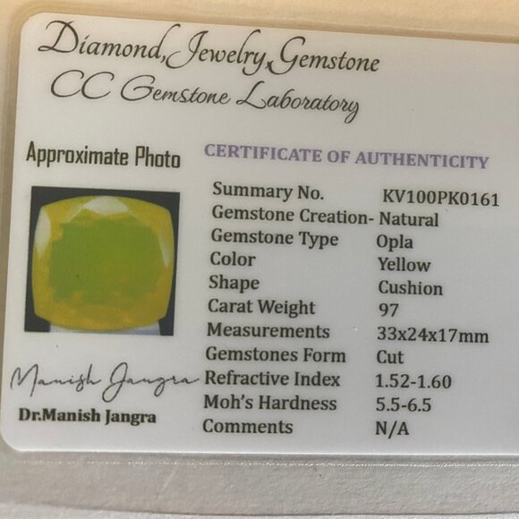 95 Ct Natural NEON Yellow Opal Flawless Cushion Certified Loose Gemstone 33x24mm - Picture 9 of 9